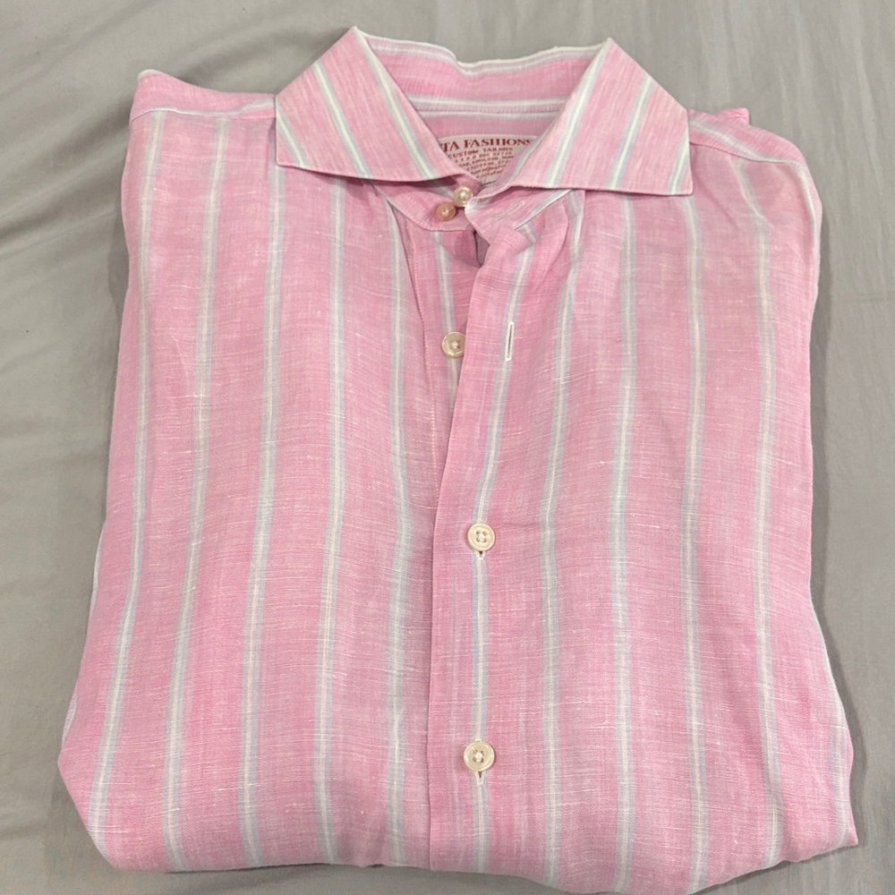 Men's Pink linen Vertical-Stripe Button-Down Shirt